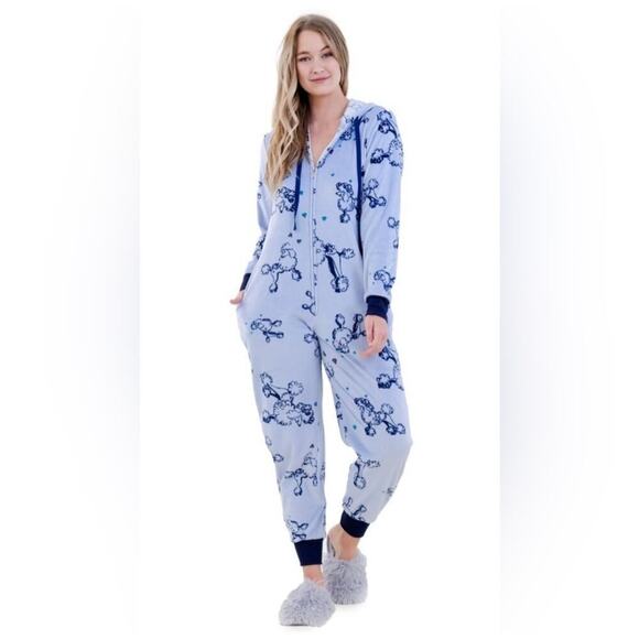 NWT Hale Bob Pajama Jumpsuit XL Soft Velour Hoodie One Piece PJs All-over Poodle - Picture 2 of 5